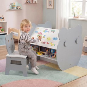 Mesa e cadeira infantil 3 em 1 com tema de urso, secretária infantil com quadro de giz de dupla face, estante, ganchos e gaveta, para crianças dos 3 a