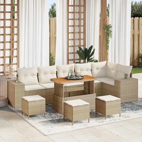 vidaXL Conjunto de Sofás de Jardim de 10 Peças com Almofadas Bege Rattan Poliéster Acácia