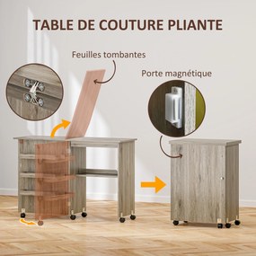 Mesa de costura dobrável 59 L x 40 P x 79,5 A cm (dobrado), móvel de costura com aba, com caixas de arrumação, prateleira aberta e rodas com efeito de