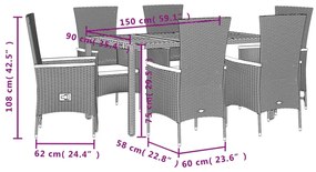 7 pcs conjunto de jantar p/ jardim c/ almofadões vime PE preto