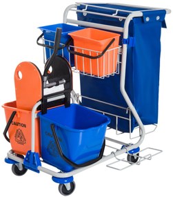 HOMCOM Carro de Limpeza Profissional com Balde Duplo Removível de 18 Litros Escorredor 2 Baldes Auxiliares e Bolsa de Lixo 93x80x97 cm Azul e Laranja