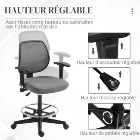 Cadeira de escritório com assento alto ajustável, braços 60 x 57 x 97-119 cm com rodas, cinzenta
