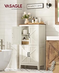 Armário de casa de banho 30 x 60 x 110 cm com gavetas e prateleiras ajustáveis em estilo rústico branco vintage