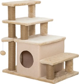 PawHut Escada para animais, Arranhador, 4 degraus, bola de brinquedo, casinha, altura ajustável, 60 x 40 x 66 cm, Bege | Aosom Portugal