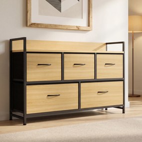 Cômoda, móvel de arrumação com 5 gavetas de tecido dobráveis, tampo e estrutura em aço, 98 x 29 x 63 cm, cor Carvalho