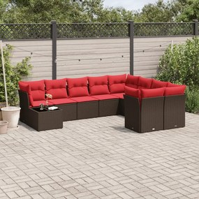 vidaXL 10 pcs conj. sofás jardim com almofadões vime PE castanho
