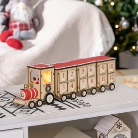 HOMCOM Calendário de Advento de Natal com Luz LED e 24 Gavetas Decoração de Natal Modelo Trem para Escritório Mesa Lareira 40x8x11cm Madeira