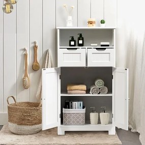 Armário de casa de banho com prateleira aberta 2 portas e 2 gavetas 60 x 30 x 109 cm Branco