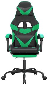 Cadeira gaming giratória c/ apoio pés couro artif. preto/verde