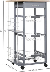 Carrinho Auxiliar com Rodas Carrinho de Cozinha com 3 Cestos Metálicos Gaveta 2 Suportes 47x37x83 cm Cinzento