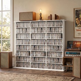 Móvel de arrumação 145 (L) x 24 (P) x 126,3 (A) cm para 1032 CDs / 594 DVDs, estante multimédia, 24 compartimentos e 18 prateleiras ajustáveis, branco