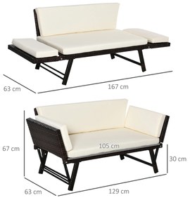 Sofá de 2 Lugares Vime Sintético Convertível em Cama Sofá de Jardim Exterior com Almofada Mobiliário Pátio Terraço 129x63x67 cm Castanho e Bege