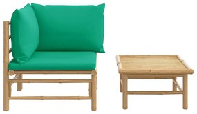 2 pcs conjunto lounge de jardim bambu c/ almofadões verdes