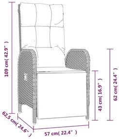 3 pcs conjunto de jantar p/ jardim c/ almofadões vime PE cinza