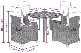 5 pcs conjunto de jantar p/ jardim c/ almofadões vime PE cinza
