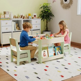 Conjunto de mesa e cadeiras infantil Mesa de atividades 4 em 1 para crianças com superfície reversível Prateleiras para livros e caixas Verde
