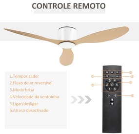 HOMCOM Ventoinha de Teto Motor DC Ø132x18 cm com Controle Remoto 3 Lâminas Reversíveis 6 Velocidades e Temporizador Silencioso para Dormitórios Sala de Jantar Branco e Natural