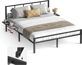 Estrutura de cama de casal 140 x 200 cm (COLCHÃO NÃO INCLUIDO) em metal com prateleiras de arrumação Preto