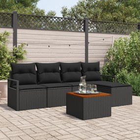 Conjunto de Sofá de Jardim com 6 Peças e Almofadas Preto Rattan Acácia