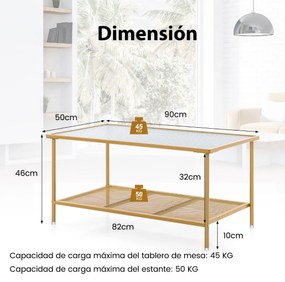 Mesa de centro de 2 níveis com prateleira superior em vidro temperado e estrutura metálica para sala de estar e receção 90 x 50 x 46 cm Dourado