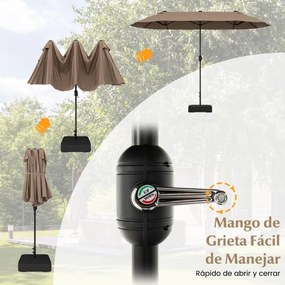 Guarda-sol duplo para jardim com base recarregável, manivela e 12 hastes de alta resistência Castanho
