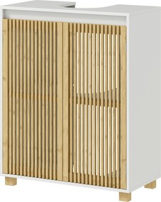 Móvel para lavatório (NÃO INCLUIDO) de casa de banho - armário com portas de ripas de bambu, 60 x 30 x 75 cm, efeito de madeira natural