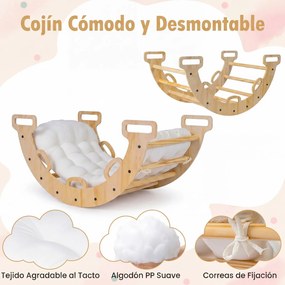 Arco de escalada 3 em 1 bebés Montessori em madeira com almofada e baloiço para interior, a partir de 1 ano, 81 x 48,5 x 38,5 cm, natural