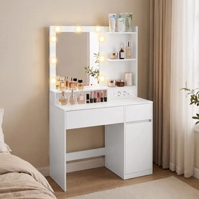 Toucador com espelho 40 x 80 x 144,3 cm, iluminação, base de carregamento e 2 gavetas, branco