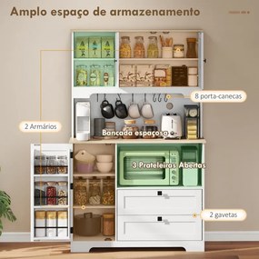 Armário de Cozinha com 3 Portas 2 Gavetas 3 Prateleiras na Porta 8 Ganchos Bancada Ampla 100x40x162 cm Branco