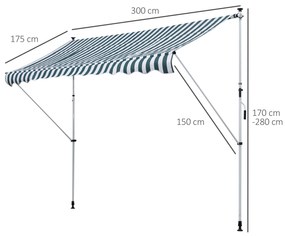 Toldo Manual Retrátil para Exterior 300x150x170-280cm Toldo Enrolável Altura Ajustável com Manivela Proteção Solar para Terraço Balcão Jardim Verde