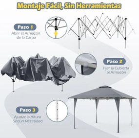 Tenda Pop Up 390 x 390 cm, com bolsa de transporte portátil, 8 estacas, 4 cordas de vento para pátio, jardim, acampamento cinza