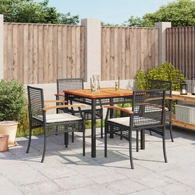 vidaXL 5 pcs conjunto de jantar p/ jardim c/ almofadões vime PE preto