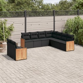 9 pcs conjunto de sofás p/ jardim c/ almofadões vime PE preto