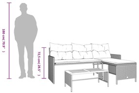 Sofá de jardim forma de L c/ mesa e almofadões vime PE cinzento