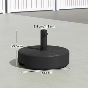Base para guarda-sol Ø 45 x 30,5 cm de exterior. Pode ser enchida com até 19 kg de areia ou 15 kg de água, preta