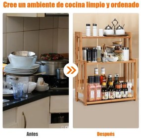 Suporte para especiarias em bambu com 3 níveis de prateleiras abertas e superfície impermeável para cozinha, casa de banho e quarto 41,5 x 18 x 50 cm