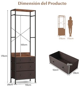 Guarda Roupa, Cabide com varão e prateleiras para o hall de entrada, quarto 55 x 28 x 176 cm Castanho