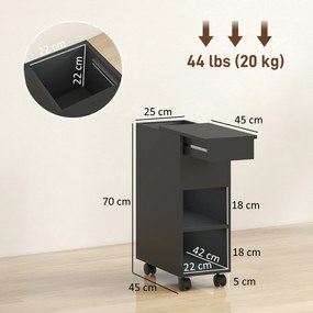 Mesa Apoio com Bancada Deslizante e Rodas Mesa Auxiliar com Armazenamento Oculto e Prateleira Ajustável 45x25x70 cm Preto