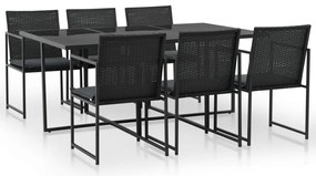 7 pcs conjunto jantar exterior com almofadões vime PE preto