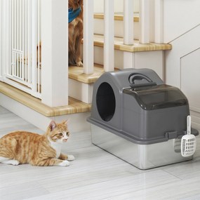 Caixa de Areia para Gatos Fechada XL em Aço Inox com Tampa, Pá, Tapete Recolhedor de Areia, Cinzento Scuro
