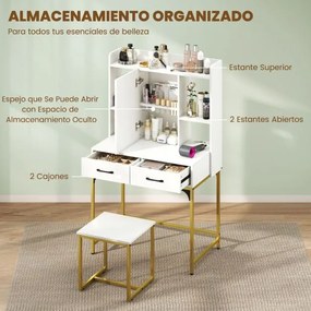 Toucador com espelho retangular com banco 80 x 50 x 138 cm, estação de carregamento, prateleiras abertas e compartimento oculto branco