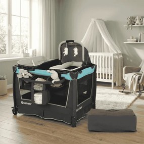 Berço dobrável 5 em 1 com berço removível 103 x 74 x 73 cm, trocador e bolsa de transporte com rodas Centro de cuidados portátil cinza + verde