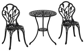 Outsunny Conjunto de Mesa e Cadeiras de Exterior 3 Peças de Alumínio com Encosto com Padrão de Tulipa e Mesa com Orifício para Chapéu de Sol Preto | Aosom Portugal