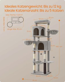 Arranhador para gatos com 190,7 cm de altura, 2 cavernas e 2 cavidades para descansar Cinzento