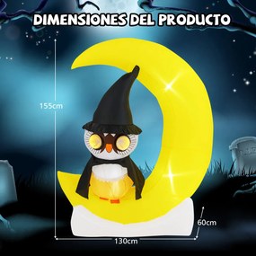 Coruja insuflável na lua Decoração de Halloween iluminada por LEDs Lua grande e coruja mágica Decoração de jardim gigante 130 x 155 cm