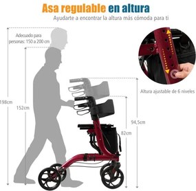 Andador de alumínio para idosos e adultos dobrável leve ajustável com bolsa de armazenamento  74 x 61 x 82 - 95 cm Vermelho