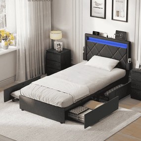 Estrutura de cama em metal 90 x 200 cm (COLCHÃO NÃO INCLUIDO) com iluminação LED nas gavetas e cabeceira cinzento escuro