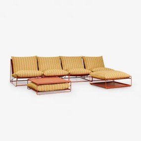Conjunto De Jardim Amaro Com Sofá Modular De 4 Peças, Mesa Lateral E Pufe Conversível Amarelo Mel - Vermelho Argila - Sklum