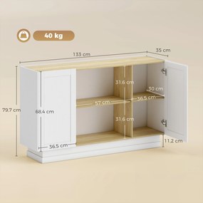 Aparador Moderno com 2 Prateleiras Abertas e 2 Portas de Fecho Suave para Sala de Jantar e Sala de Estar 133x35x79,7 cm Natural e Branco