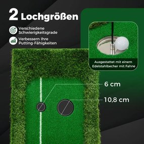 Tapete de golfe de 300 cm, tapete de treino de golfe com 3 bolas de golfe e 2 tamanhos de buracos, dobrável Verde